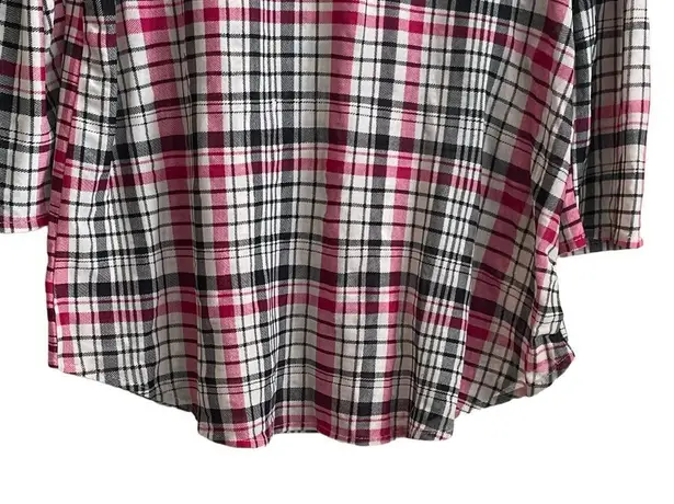 Eden & Olivia Top Women L Black Red Split Neck 3/4 Roll Tab Sleeve Plaid Popover