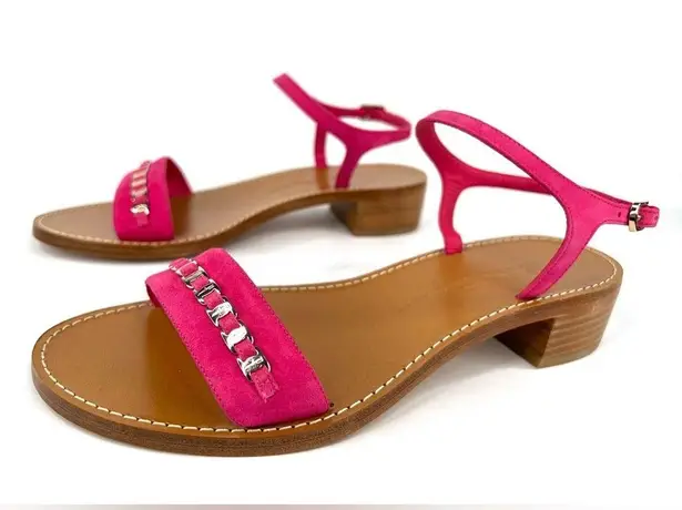 Salvatore Ferragamo Tremiti Gancini Chain Logo Pink Suede Ankle Strap Sandals 7