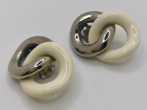 Givenchy Vintage 1980s Rhodium-Plated Ivory Enamel Figure-8 Clip Earrings