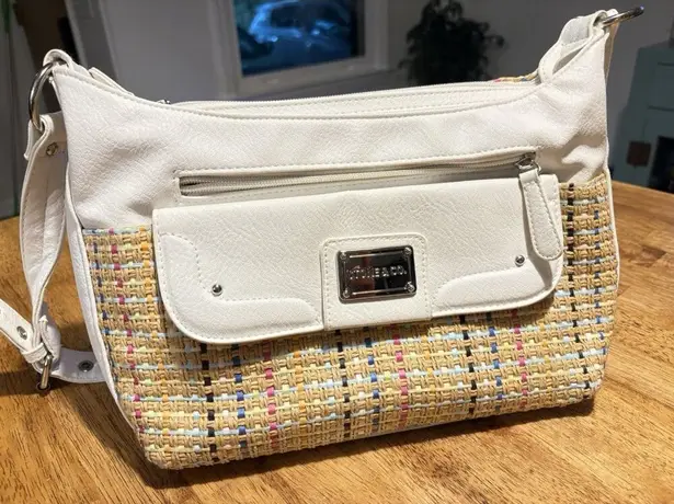 STONE & CO. Shoulder Bag White Faux Leather Multicolor Woven Straw Purse Boho