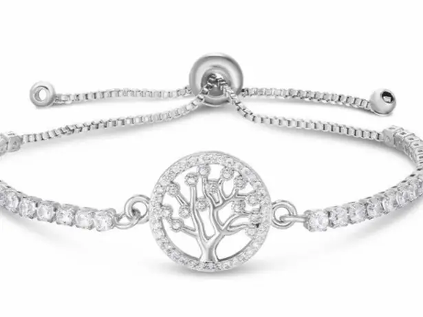 Macy's Cubic Zirconia Tree Of Life Adjustable Bolo Bracelet InFine Silver Plate