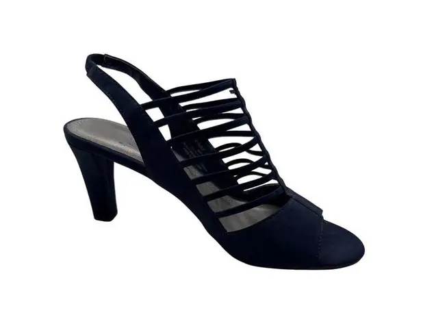 Impo Size 6.5 Strappy Navy Blue Peep-Toe Heels With Slingback Stiletto Heel