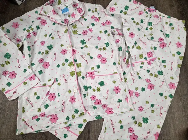 Nick + Nora XXL Vintage 100% Cotton Kiss Me Pajama Set Pink Flower Shamrock