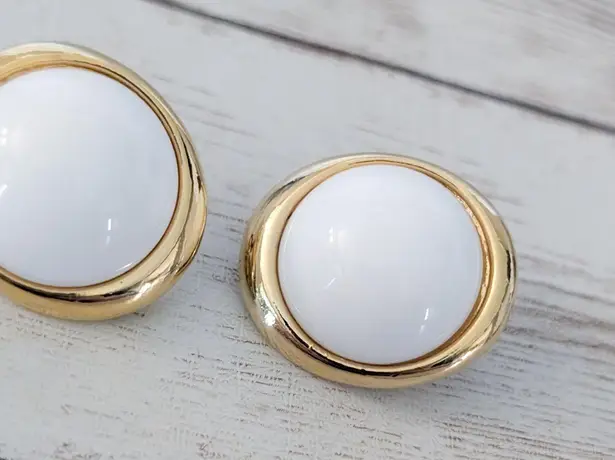Vintage Clip On Earrings Large White with Gold Tone