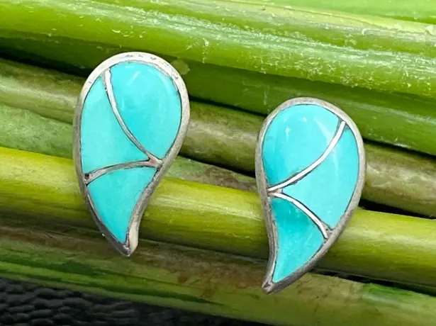 Sterling Silver Vintage STR.SII Turquoise Inlay Comma Teardrop Post Earrings