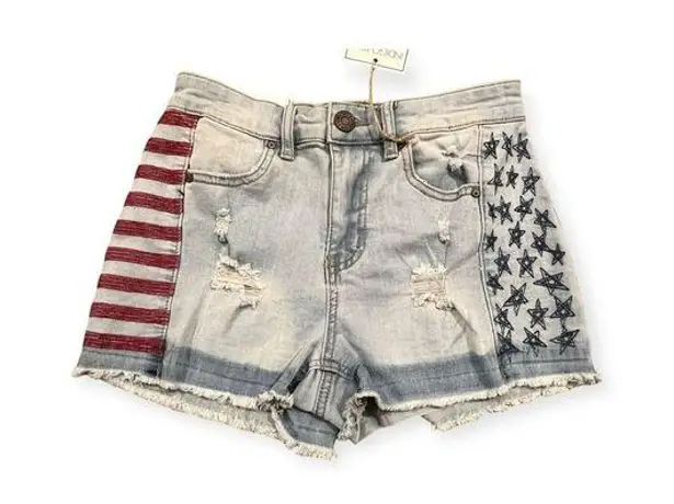 Indigo Rein  Mid Rise Blue Jean Frayed American Flag Hem Shorts Size 3/27