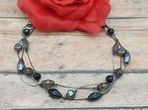 Premier Designs Gun Metal & Black Bead Collar Necklace Multi Strand Chain 20"