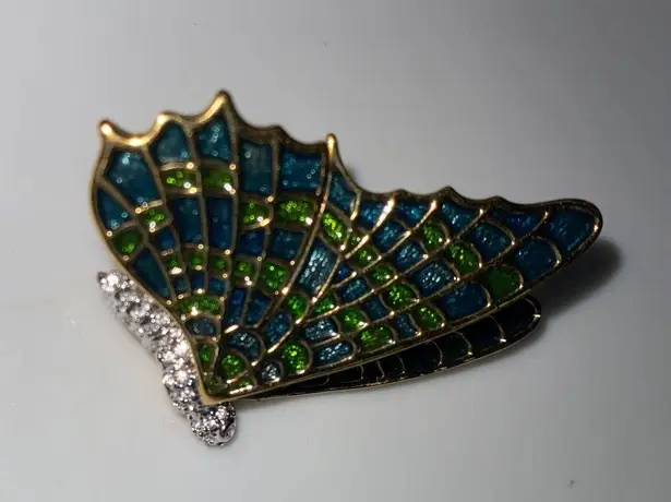 Kenneth J Lane Vintage KJL Goldtone Metal Butterfly Brooch 3d Wings Green Enamel Rhinestone 