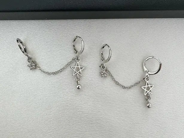 Double Piercing Dangle Chain Star Earrings for Women Silver