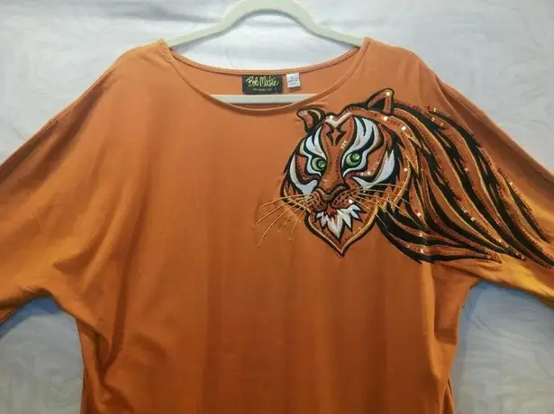 Bob Mackie Size L Mustard Tiger Embroidered Sequins Dolman Sleeve Tee Top