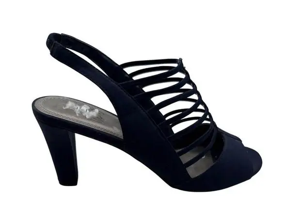 Impo Size 6.5 Strappy Navy Blue Peep-Toe Heels With Slingback Stiletto Heel