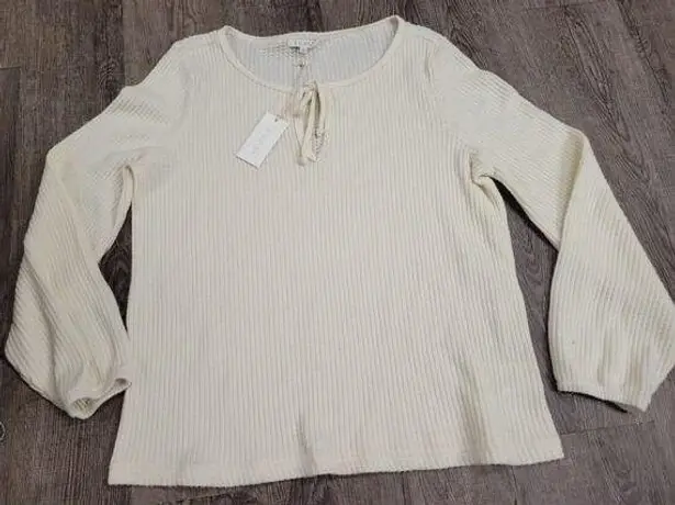 Z Supply  NWT Bone Thin Waffle Knit Tie Neck Cream Ivory Blouse Shirt Women's L