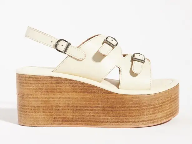 Anthropologie  Sandals Womens 39 Cream Leather Buckle Platform Wedges