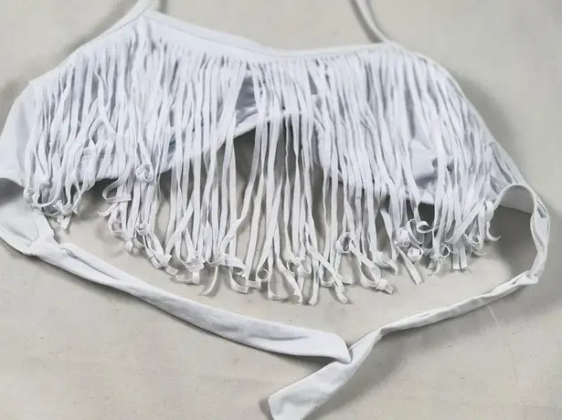 LG White Cowboy Fringe Halter Tie up Swimsuit top