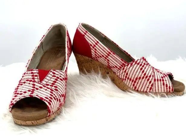 Toms  size 6.5 red white wedge‎ heels peep toe slide on