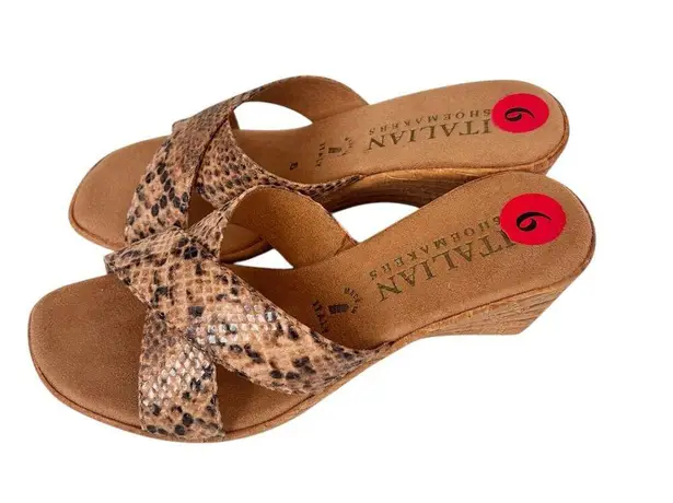 Italian Shoemaker Snakeskin Print Criss Cross Wedges Sz 6 Tan