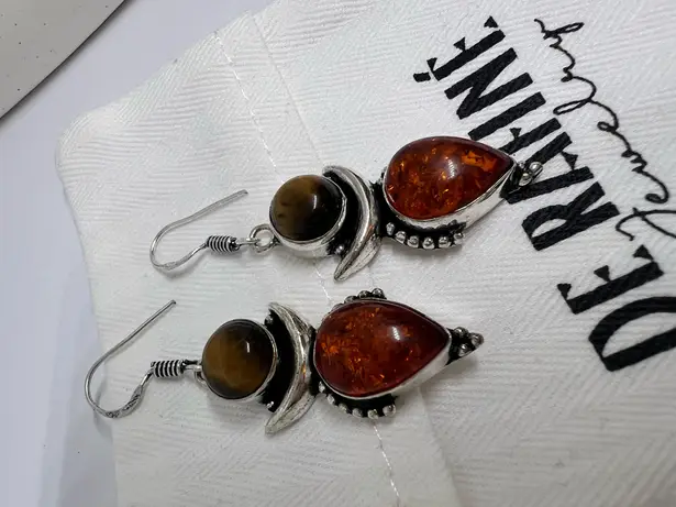 Handmade Sterling Silver Amber & Tiger’s Eye Dangle Earrings ✨