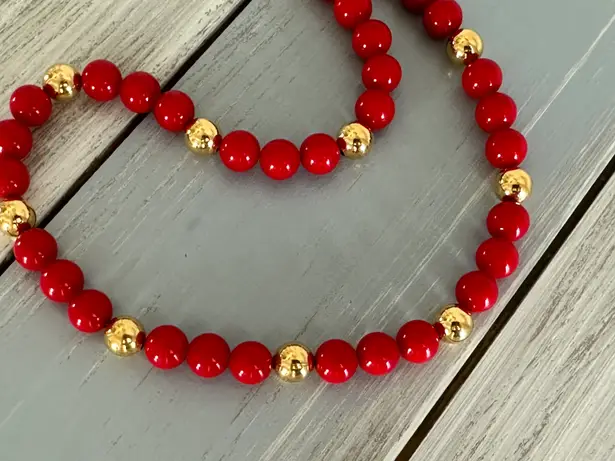 Napier Fabulous Vintage Beaded Necklace Red & Gold Tone Beads Pat#