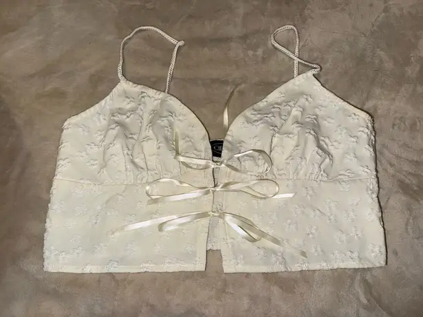 Cider  Ivory Floral Jacquard Tie Front Crop Top (XL)