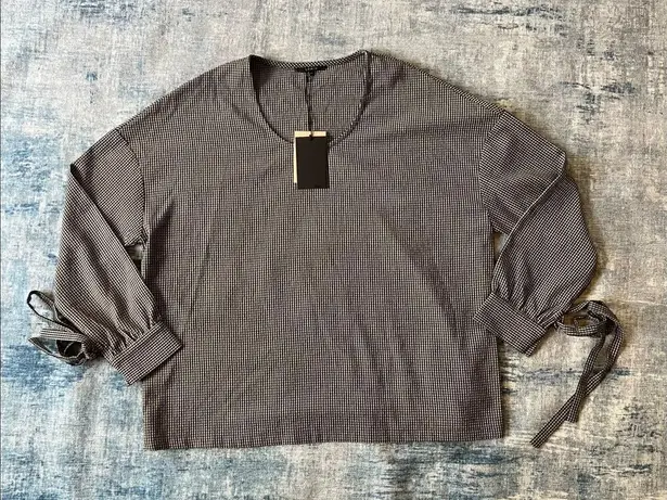 FRNCH NWT! Paris Blue White Gingham Check Long Tie Sleeve Blouse M/L