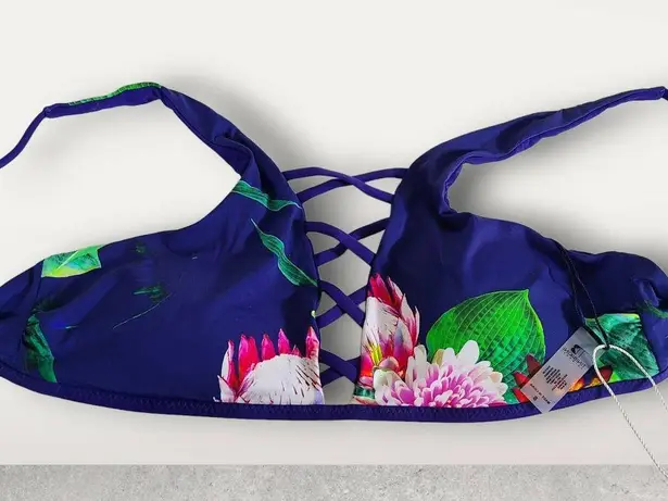 Tinibikini Reversible Tropical Floral Accent Blue Bikini Criss Cross Top Size S