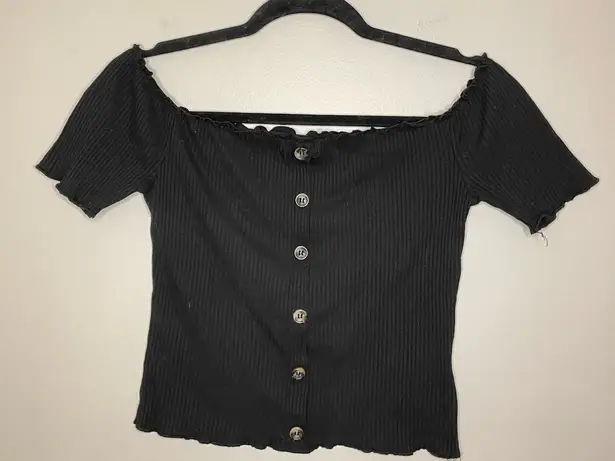 Eye Candy Ribbed Off-Shoulder Button-Up Crop Top, Black, Size M, EUC