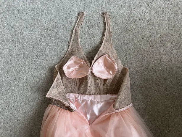 Light Pink Short Halter Dress with Gold Lace and Aurora Borealis Crystals