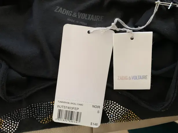 Zadig & Voltaire Women’s Tunisien Skull Strass Beaded Henley Black Cotton Top