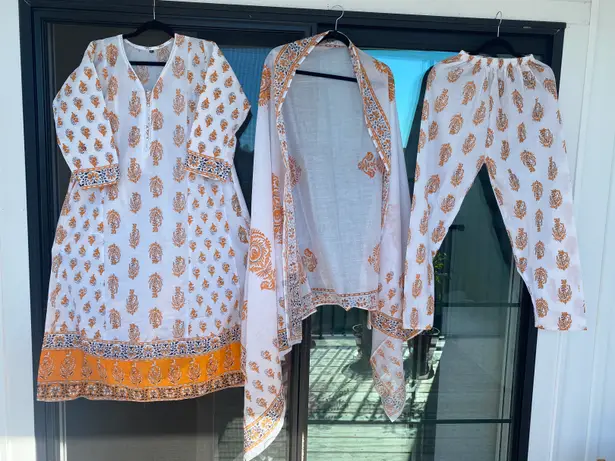 Indian Designer Kurta Palazzo Dupatta Set Women Salwar Kameez Ready To Wear Suit Gold Size XL