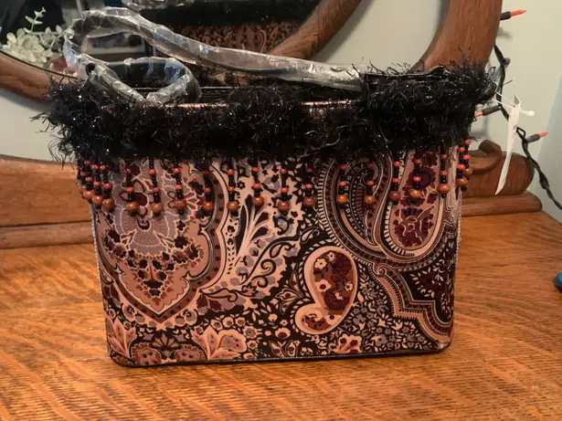 NWT Vintage Satin Leather Bohemian Purse with Beads, Studs & Sparkle (Rare) Black