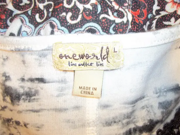 One World Womens Top Blouse Size Large Embroidered Floral Geometric White Gray