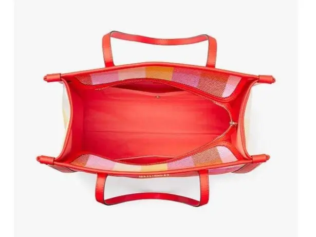 Kate Spade Market Madras Woven Fabric Tote Plaid Orange Pink Vacation Beach