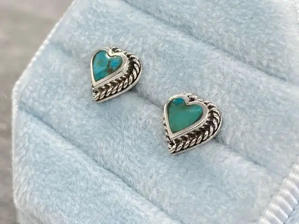 Sterling Silver & Turquoise Inlay Rope Twist Heart Shaped Stud Earrings Blue