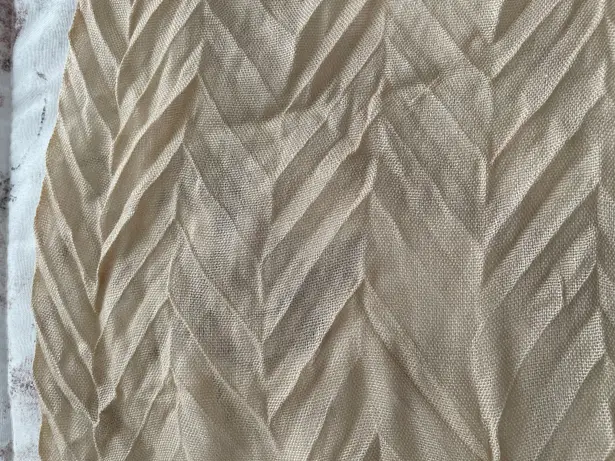 Beige Pleated Textured Acrylic Semi Sheer Scarf with Fringe Trim, size 69”x15” Tan