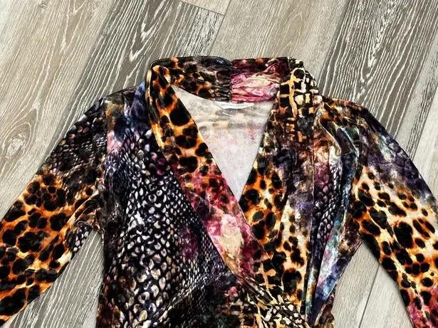 Christopher & Banks Sz M Velour Colorful Animal Print Faux Wrap Top