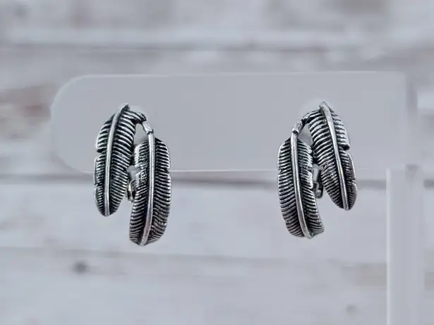 Vintage Clip On Earrings Silver Tone Feather Duo