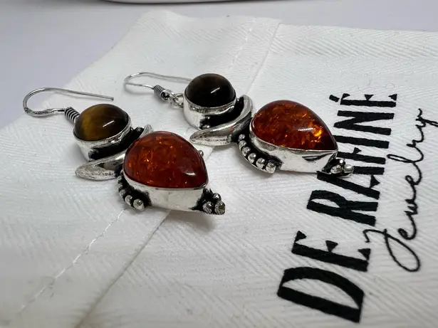 Handmade Sterling Silver Amber & Tiger’s Eye Dangle Earrings ✨