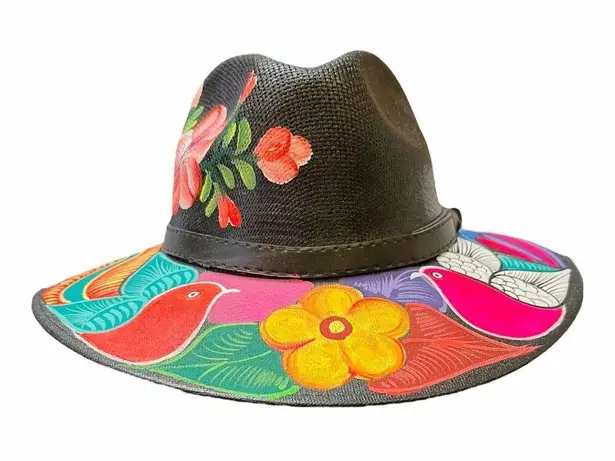 HAT MEXICAN Artisanal Hand Painted Fedora Floral Sombrero Panama Bohemian Black