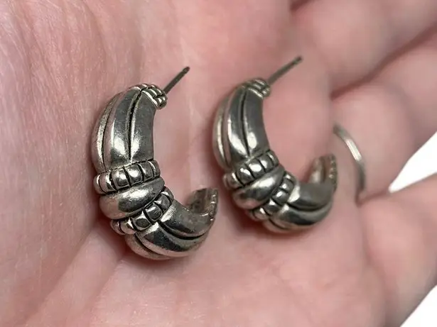 Premier Designs Vintage Signed Ornate Antiqued Hoop Post Earrings Silver Tone