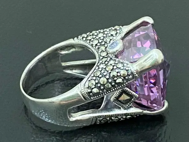 Amethyst Vintage Purple & Marcasite 925 Sterling Silver 16mm Cocktail Ring Sz 8