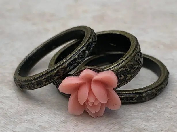 Antique Gold Tone Stacking Pink Flower Rings Sz 7