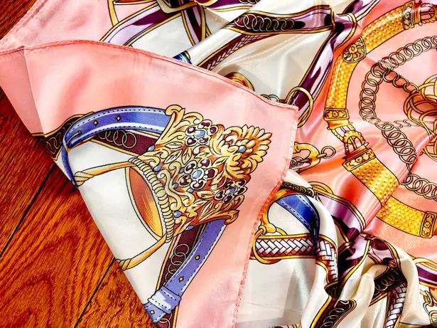 Vintage Equestrian PINK PEACH Royal Crown print oversized silky Scarf 35/35