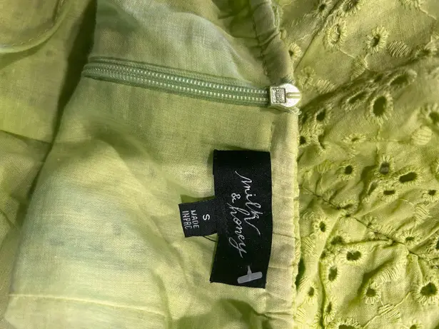 Milk and Honey ruched lime green Eyelet Off The Shoulder Boho Mini Dress.S