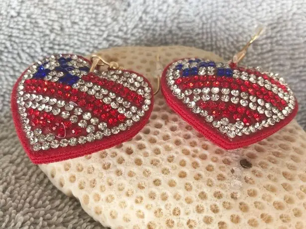 Patriotic Rhinestone Earrings Heart Labor Day July 4th Veterans Memori…