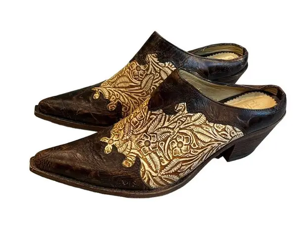 Corral Vintage Western Slip On Tooled Leather Mules, Sz 7.5
