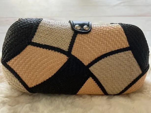 New Handmade Buntal Straw Clutch Purse Chain Strap Magnetic Snap Closure Tan Brown