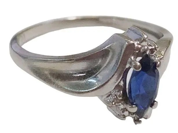 10K White Gold Marquise Blue Sapphire and Tiny 6 Diamonds Ring Size 6 Women’s