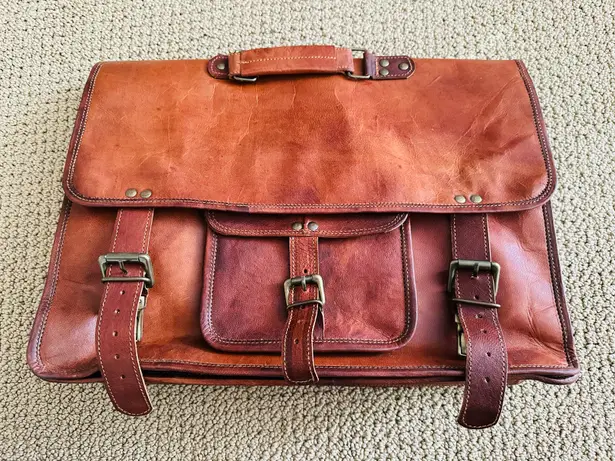 18 Inch Vintage Men's Brown Handmade Leather Briefcase Best Laptop Messenger Bag