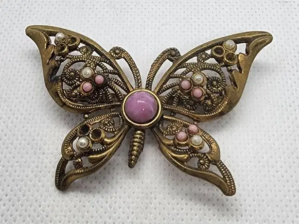 Vintage West Germany Gold, Pink, & White Butterfly Brooch Pink