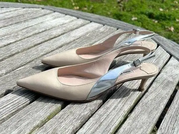 Miu Miu Nude Kitten-Heel Slingback Pumps by  size 36 1/2  nude silver 6